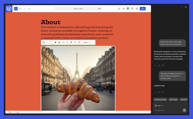Tampilan fitur Asisten AI WordPress pada editor WordPress.com